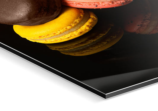 Macarons Gourmet Trio photo pint acrylic glass 2mm dibond backing angled detail view