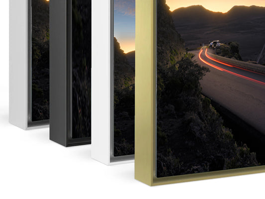 Pas des Sables light painting Reunion Island aluminium artbox frame 4 color options black silver white gold stacked view