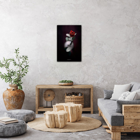 Valentine's Rose print in a modern living room with a gray sofa, wooden coffee table, and decorative wall art of a red rose.
