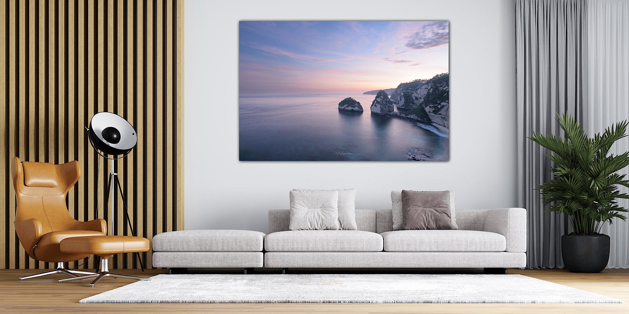 Diamonds Beach Nusa Penida Bali wall art displayed in modern living room interior home decor banner