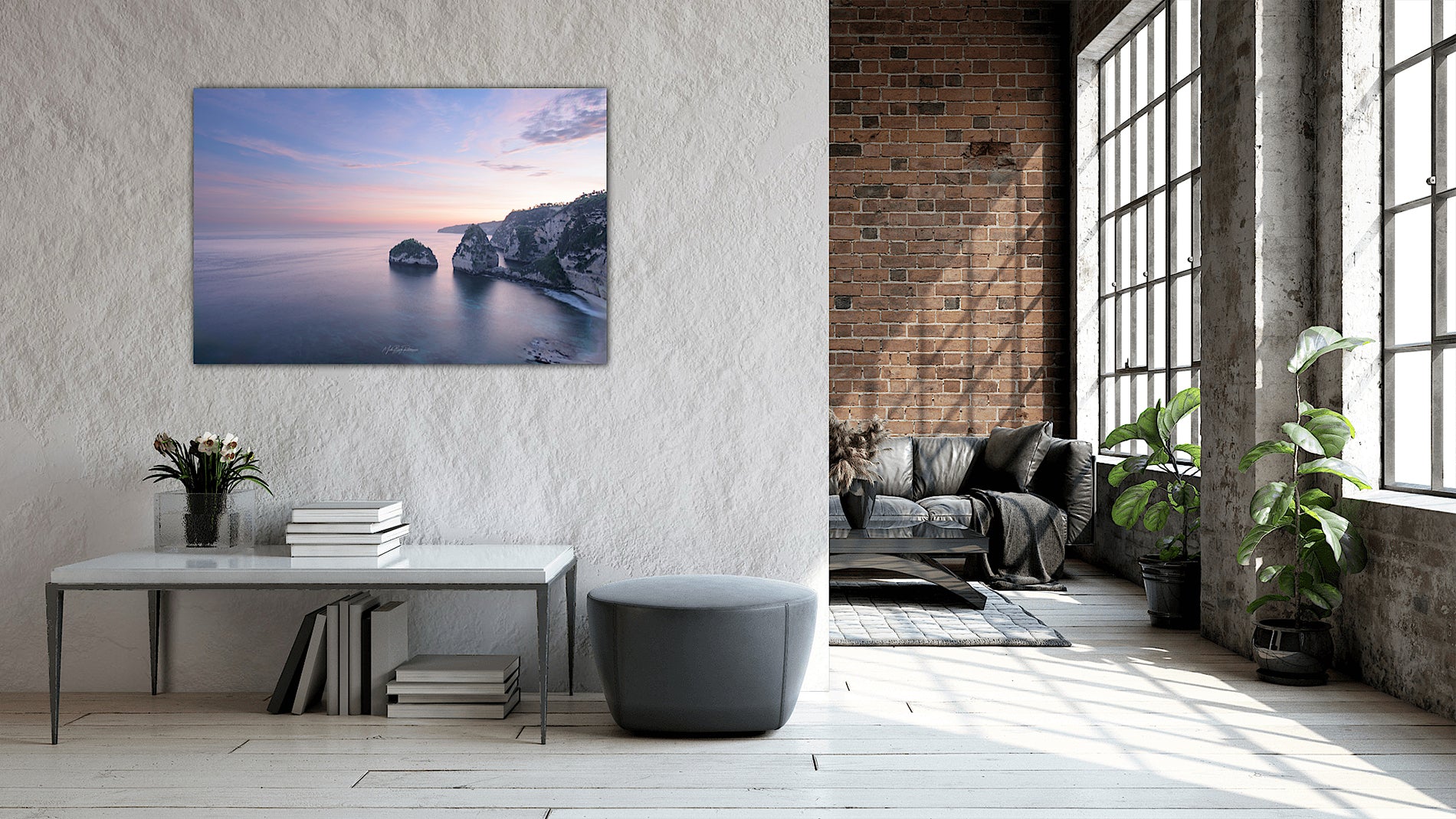 Diamonds Beach Nusa Penida Bali wall art displayed in modern living room with a large window.