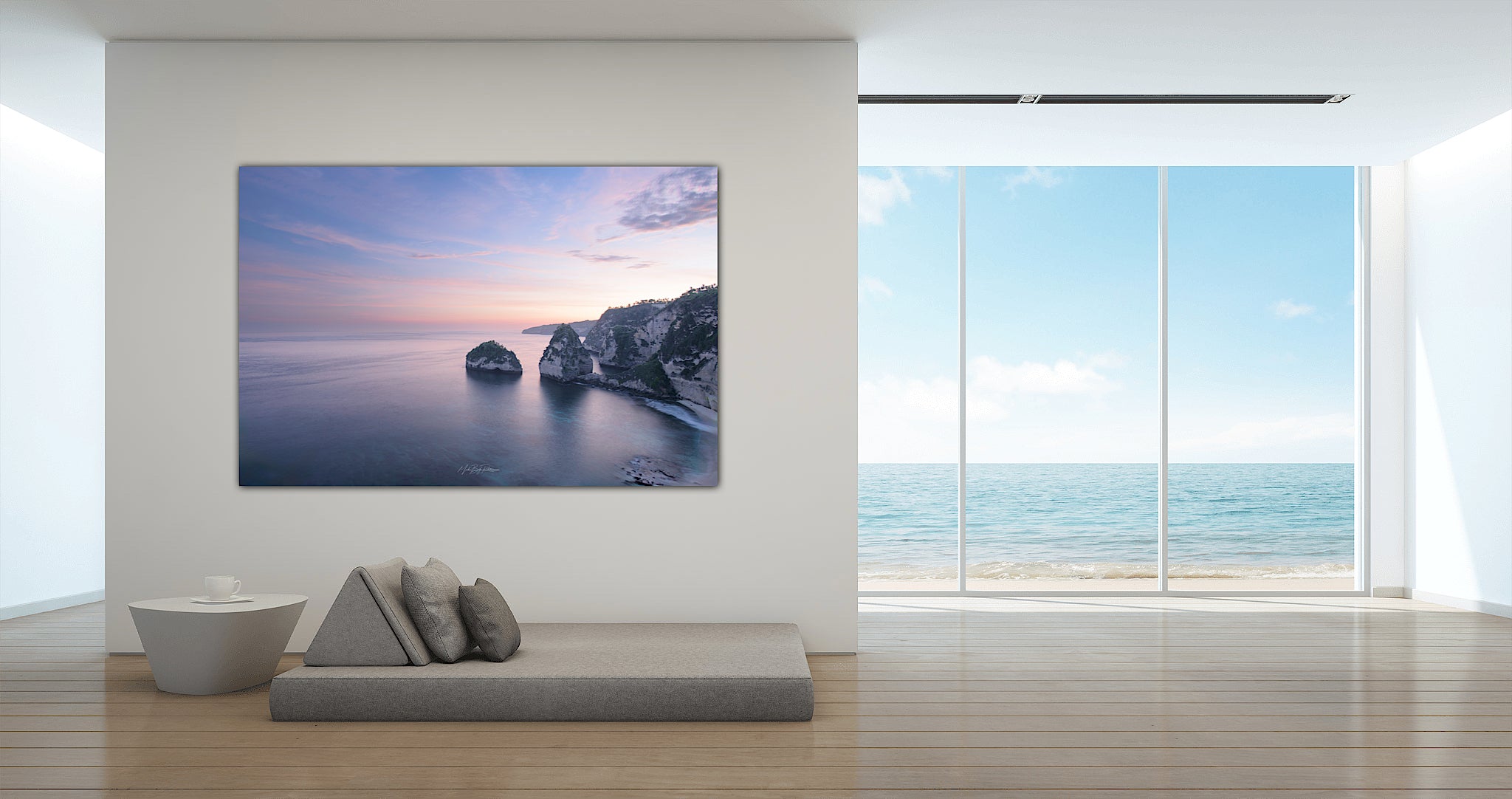 Diamonds Beach Nusa Penida Bali wall art displayed in modern living room displaying a scenic ocean view.