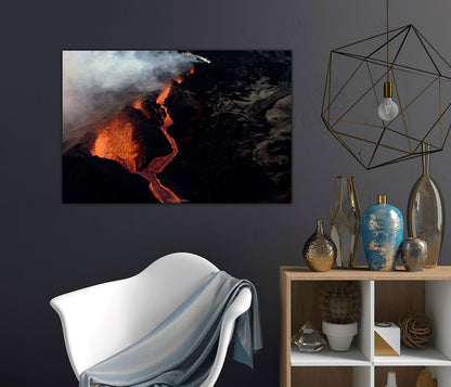 Lava Edge,Piton de la Fournaise mounted print display in a room interior with a chair, shelf with decorative items