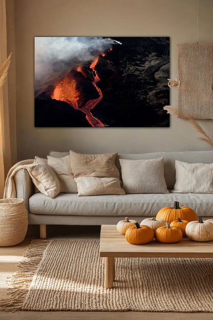 Lava Edge, Piton de la Fournaise — fine art print displayed in a warm orange living room, volcanic photography wall art