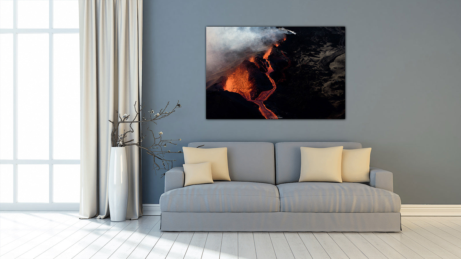 Lava Edge, Piton de la Fournaise — fine art print displayed in a light blue color living room, volcanic photography wall art