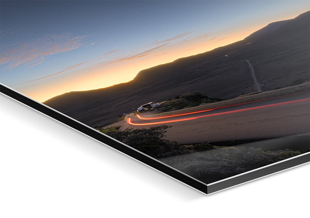 Pas des Sables light painting Reunion Island mounted print adhesive protection dibond backing angled detail view