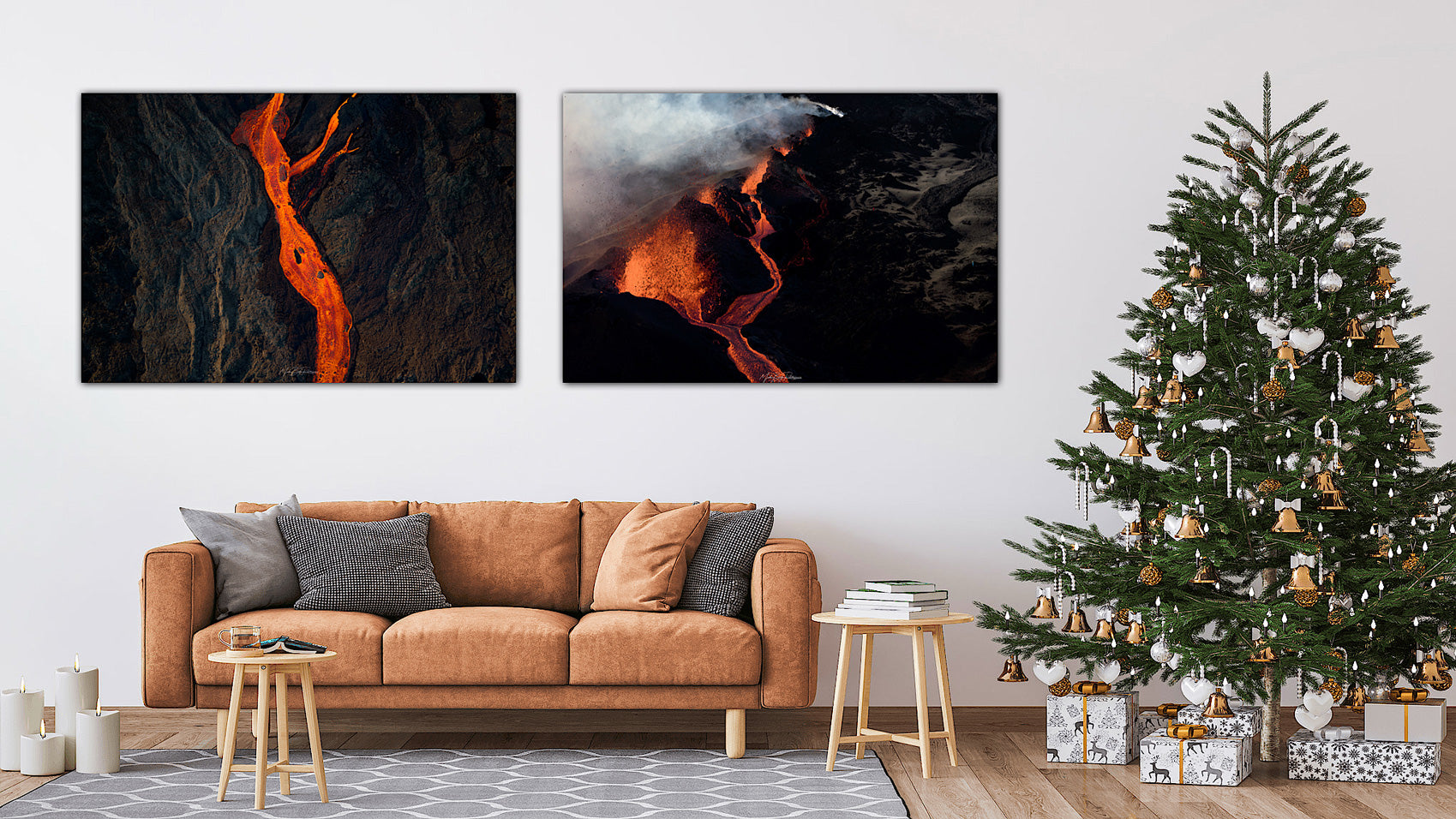 Eruption Piton de la Fournaise wall art collection in a living room with brown sofa, Christmas tree.