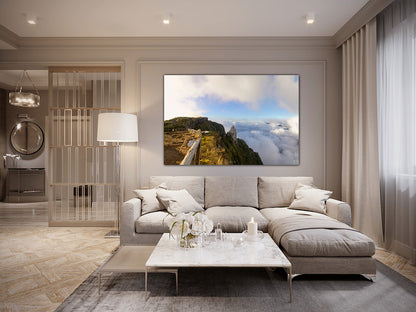 Piton Maïdo Reunion Island wall art in a modern living room with a large sofa, coffee table.