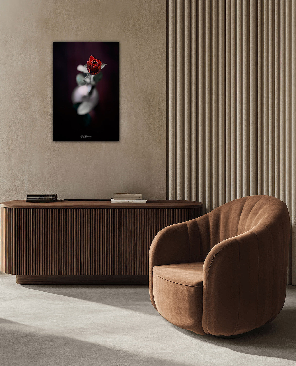 Valentine's red rose fine art framed photo print in a modern interior with a brown armchair, wooden console table.