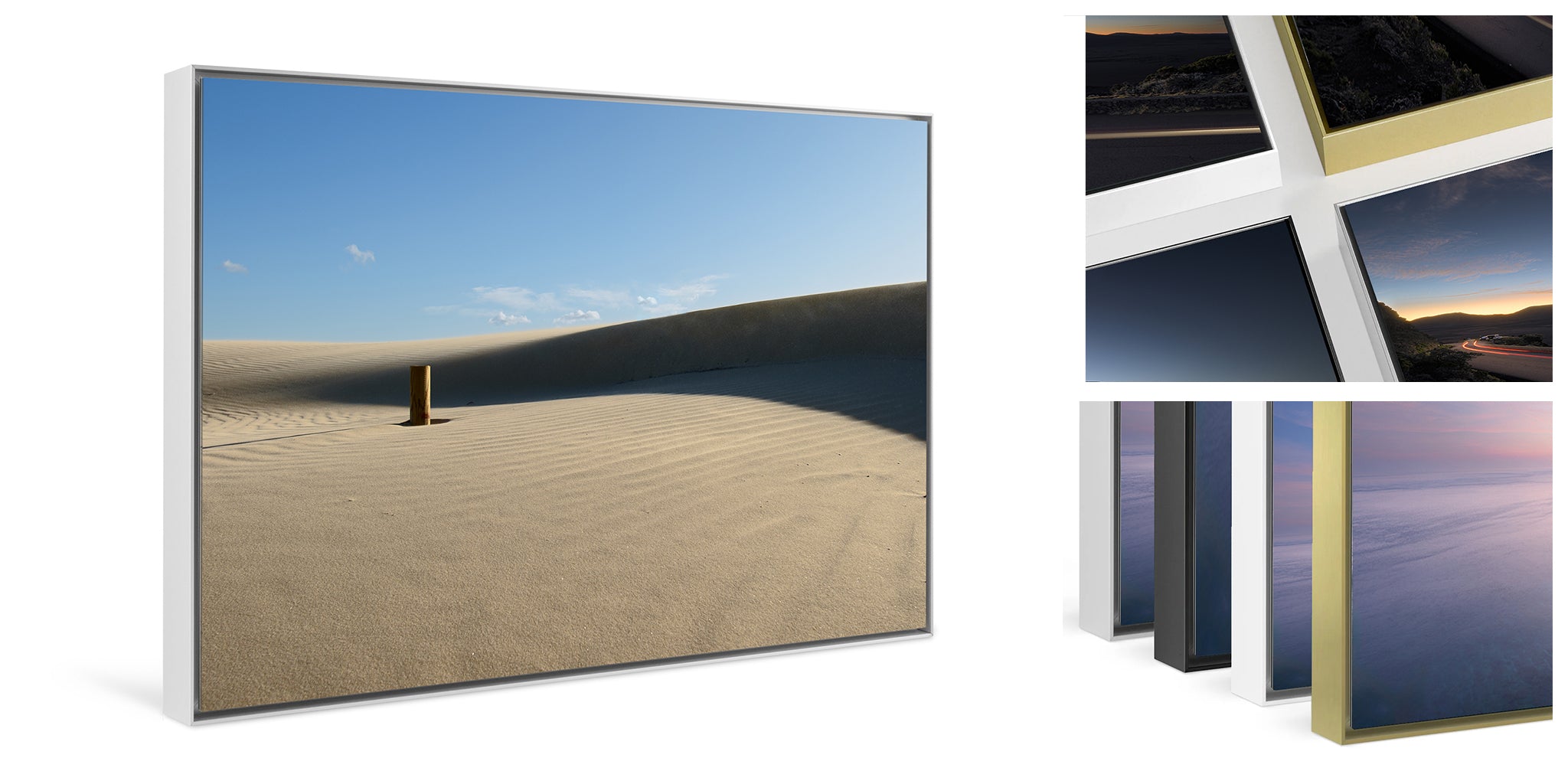 White Wall ArtBox aluminum frame showing multiple viewing angles and mounting details for wall art display