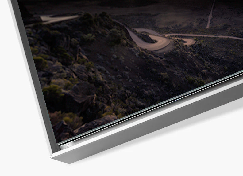 Plaine des Sables sunrise Reunion Island fine art print in aluminium artbox silver frame corner detail angled view profile and face