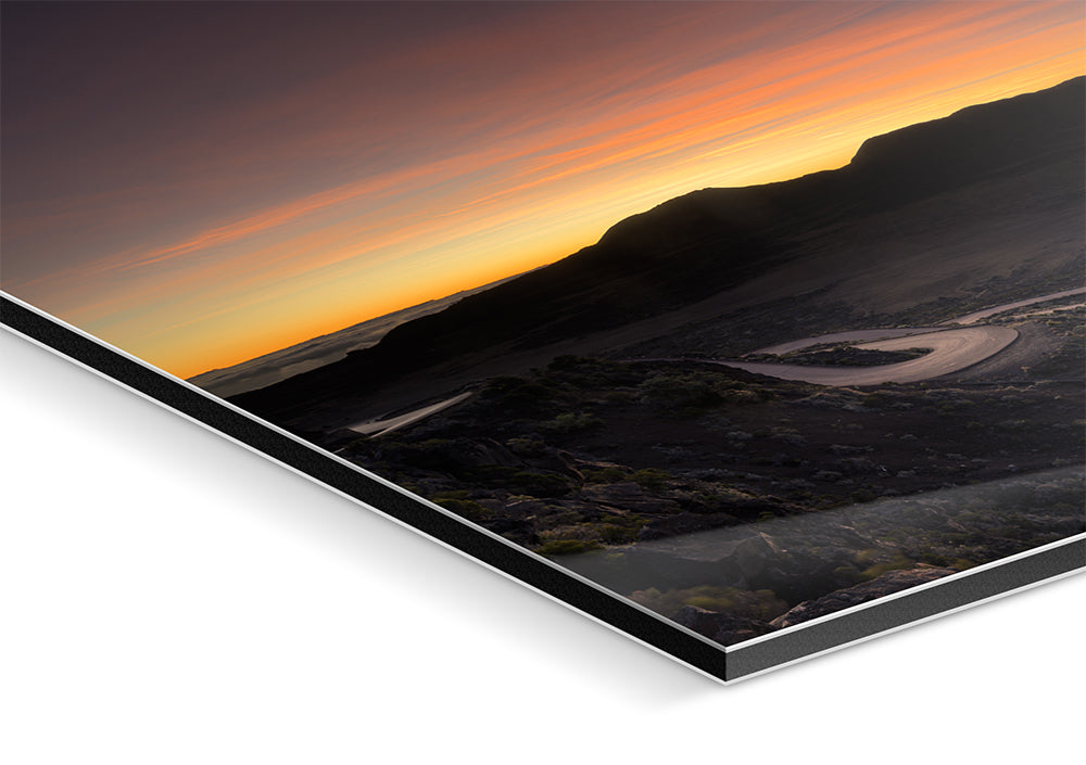 Winter Sunrise Pas des Sables Reunion Island mounted print adhesive protection dibond backing angled detail view