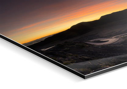 Winter Sunrise Pas des Sables Reunion Island mounted print adhesive protection dibond backing angled detail view